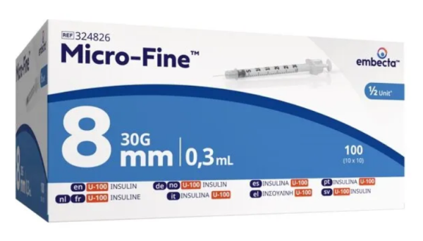 Micro-Fine+ Seringe à insuline 0.3ml U-100 avec aiguille 30G 0.3x8mm p.à 10x10