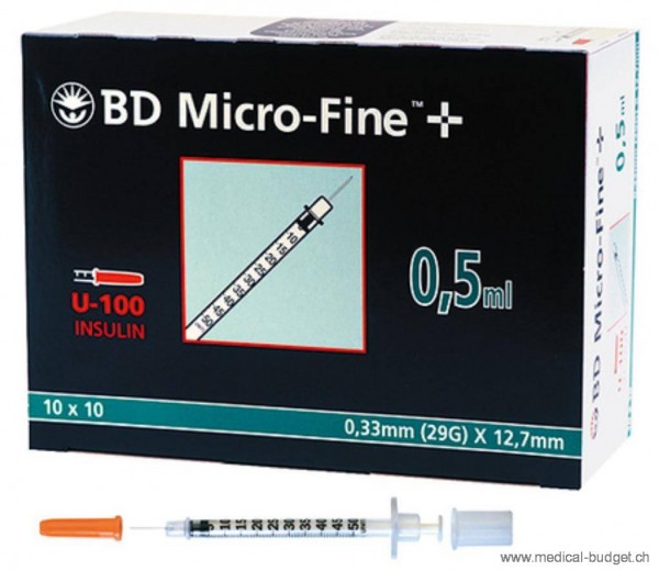 BD Micro-Fine+ Seringues 0,5ml U-100 avec aiguille soudée 29G 0,33x12,7mm, paquet de 10x10