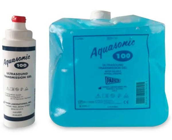 Parker Aquasonic 100 Gel de transmission bleu cubitainer 5 litres avec bouteille vide 250ml