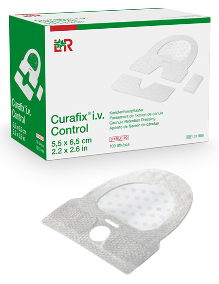 Curafix i.v. Control pansement de fixation de canule 5,5x6,5cm stérile en non-tissé avec fenêtre de contrôle p.à 100