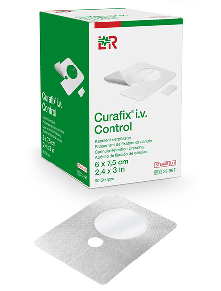 Curafix i.v. Control pansement de fixation de canule 6x7,5cm stérile en non-tissé avec fenêtre de contrôle et découpe p.à 50