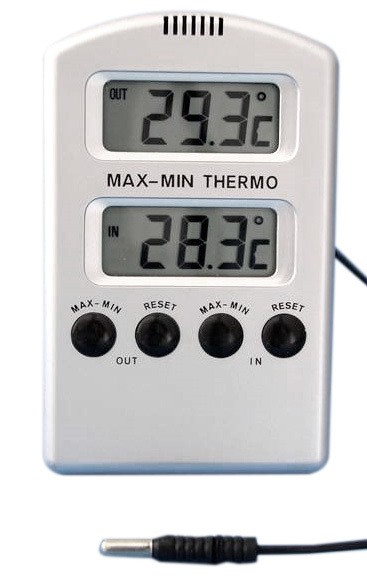 Thermomètre digital à maximum et minimum, électron CE, pour température intér./extér. -50/+70°C câble 3m sonde extér. étanche, avec piles