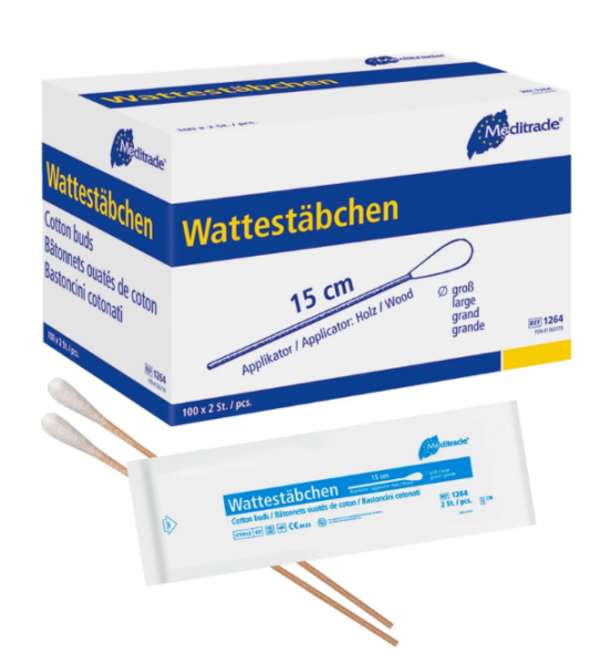 Wattestäbchen aus Holz 15cm Kopf gross steril P.à 100x2