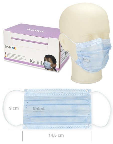 Kolmi OP-Air Kid masque facial avec élastiques pour oreilles type II pour tout-petits de 1 à 5 ans bleu 11,5x8,5cm p.à 50