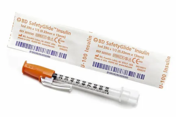 BD SafetyGlide+ TNT Seringue à insuline 1ml U-100 avec aiguille soudée 29G 0,33x12,7mm p.à 100