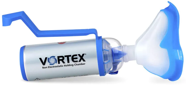 Pari Vortex Chambre d'inhalation avec masque bleu souple pour adultes et embout buccal incl. aide à l'utilisation d'une seule main