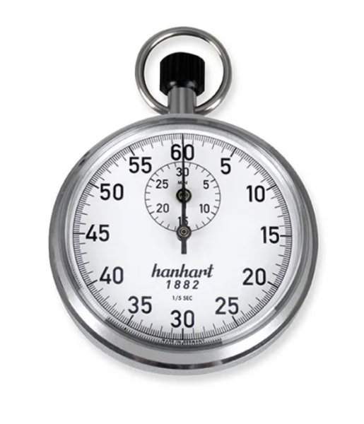 Stoppuhr Hanhart Kronenstopper Metallgehäuse Teilung 0-60 in 1/5 sek. bis 30 min.