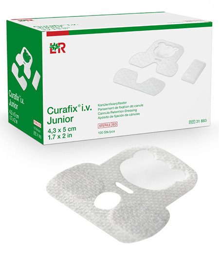 Curafix i.v. Junior pansement de fixation de canule 4,3x5cm stérile en non-tissé avec fenêtre de contrôle à motif ours p.à 100