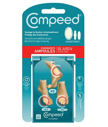 Compeed Pansement pour ampoules Aossortiment (2x Moyen pour talon, 2x Petit, 1x pour orteil) p.à 5 pces