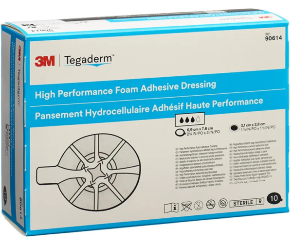 Tegaderm Foam HP Adhesive oval transparent 6.9x7.6cm Weichschaumauflage 3.1x3.8cm P.à 10