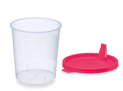 Gobelets à urine 125ml en PP avec couvercle à déclic et bec verseur rouge gradué p.à 500