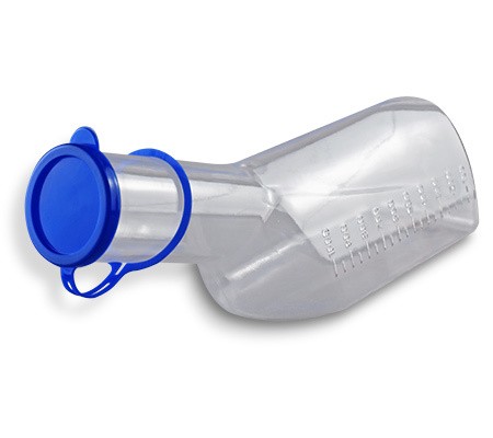 Urinflasche 1000ml transparent aus Polycarbonat mit blauem Deckel graduiert für Männer