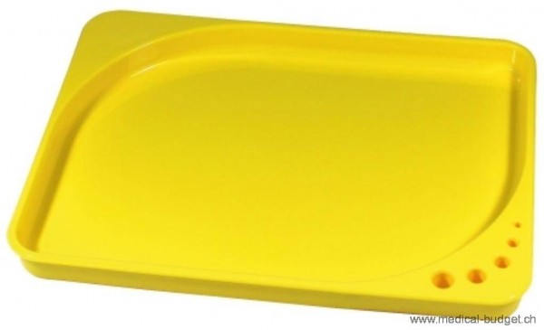 Tablette jaune pour seringues, dimensions 26x14.5cm 2,1cm avec différents récipients de