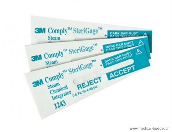 3M Comply SteriGage 1243B Intégrateur chimique pr. stérilisation vapeur 2x5,2cm p.à 100 pces (Classe 5)