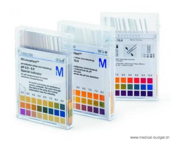 Bandelettes Indicateurs du pH 4,0-7,O spéciales conviennent aussi pour salive ou sécrétions vaginales, p.à 100 bandelettes-test