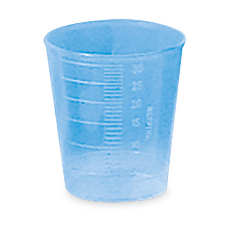 Medizinbecher einweg aus PP 30ml blau mit gravierter Skala P.à 75