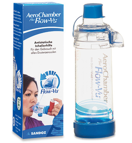Aerochamber Plus Flow-Vu Chambre d'inhalation bleu, avec embout buccal (sans masque) pr Adultes et Enfants à partir de 5 ans