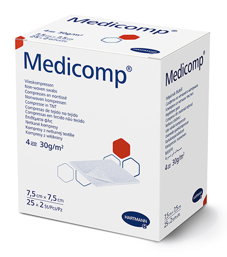 Medicomp Compresse en non-tissé 7,5x7,5cm 4 plis, stérile, p.à 25 sachets à 2 pces