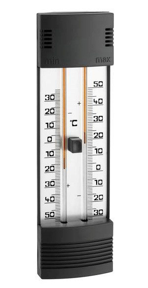 Thermomètre à minima et maxima -35°C- +50°C en boîtier plastique noir avec index magnetique, sans toit, sans mercure, noir