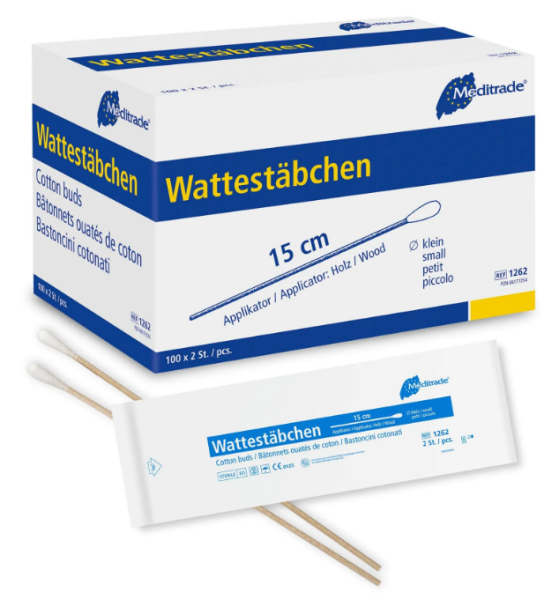 Wattestäbchen aus Holz 15cm Kopf klein steril P.à 100x2