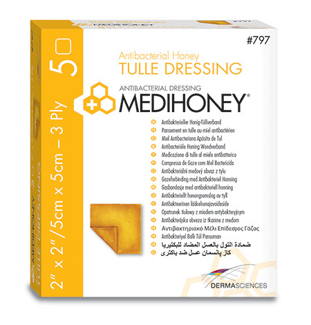 Medihoney Antibacterial Tulle Dressing 5x5cm pansement vulnéraire non adhésif contient 100% de MediHoney, stérile, p.à 5