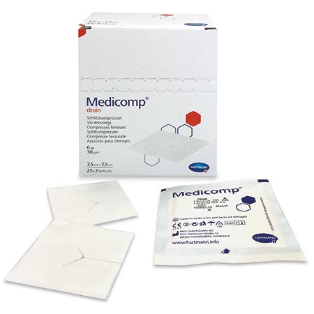 Medicomp Drain Compresse en non-tissé 7,5x7,5cm 6 plis, avec fente en Y, stérile, p.à 25 sachets à 2 pces